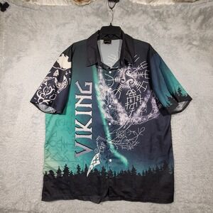 Viking Aurora Borealis Graphic Short Sleeve Button Up Shirt STYLELIO Mens XL